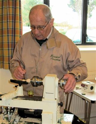 Howard turning the spindle for one of his dangly  things